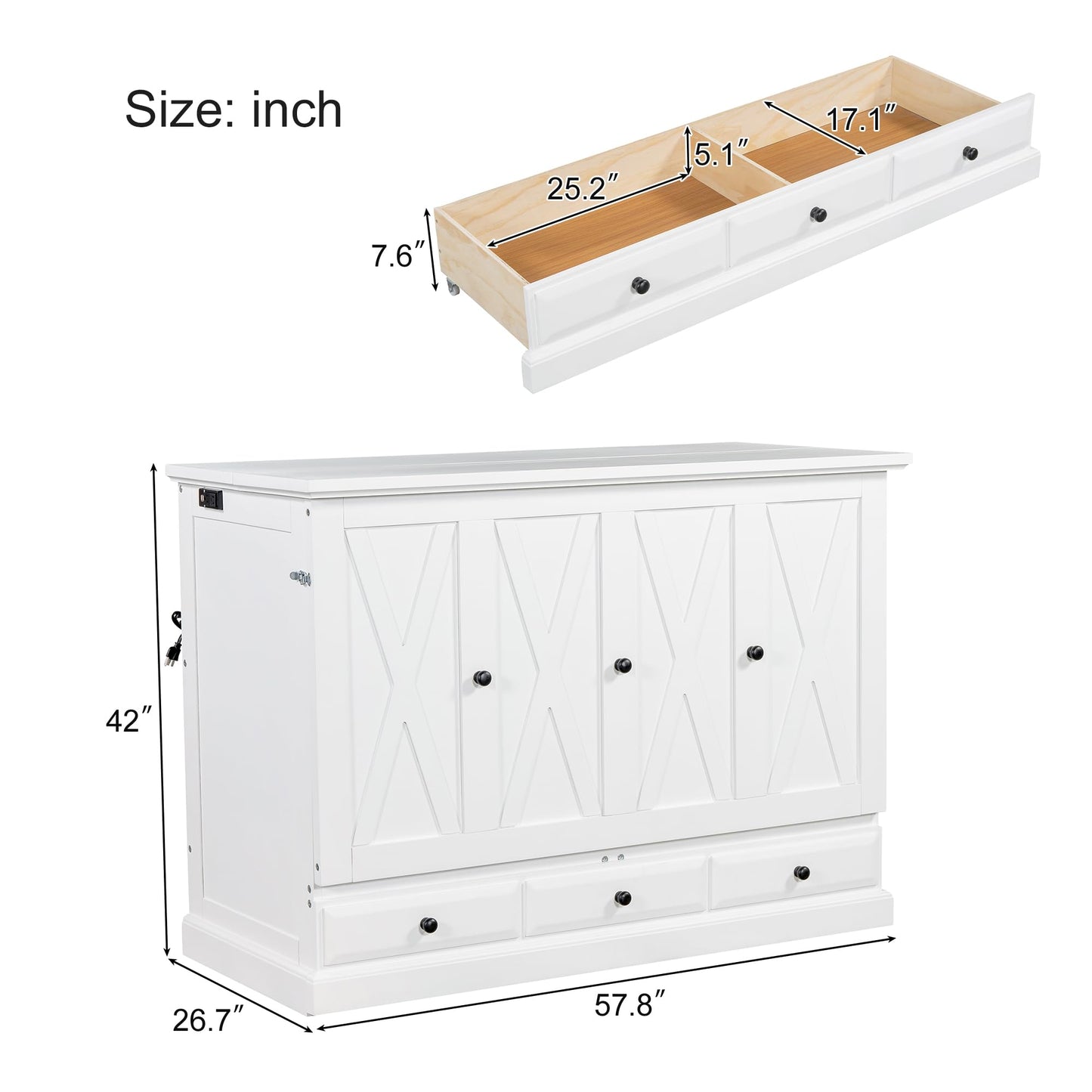 YOPTO Murphy Bed Cabinet Full Size with Charging Station and Large Storage Drawer,Pine Wood Folding Wall Bed Frame,Space Saving,Easy Assembly,Hidden Platform Bed for Home Office or Small Room,White