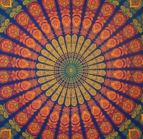Handmade Sanganeer Peacock Mandala 72" Round Tablecloth, 100% Cotton, Gorgeous Blue Gray
