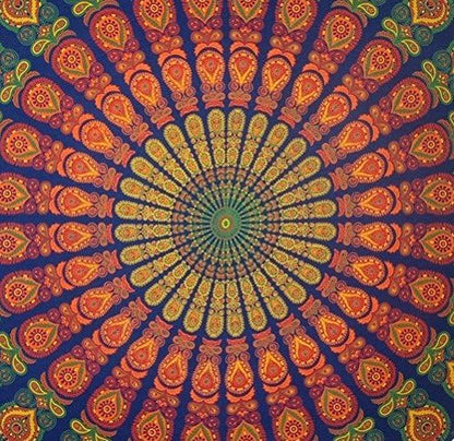Handmade Sanganeer Peacock Mandala 72" Round Tablecloth, 100% Cotton, Gorgeous Blue Gray