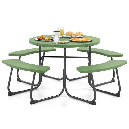 HAPPYGRILL 8-Person Picnic Table Bench Set with Umbrella Hole, 43” Outdoor Dining Table w/4 Benches, Wood-Like Texture Tabletop, Stable U-Shaped Base, Round Table for Backyards, Green