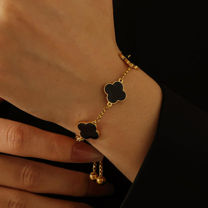 Dascus 18K Gold Plated Clover Lucky Bracelet for Women White/Black/Gold Flower Four Leaf Link Bracelets Trendy Jewelry Gifts for Women (Black)