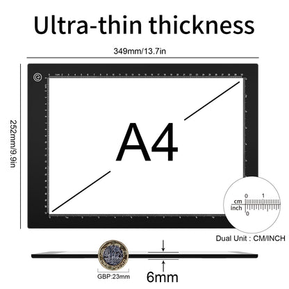 Light Box Drawing Pad A4, Tracing Board with Type-C Charge Cable and Brightness Adjustable for Artists, AnimationDrawing, Sketching, Animation, X-ray Viewing (A4-PS)
