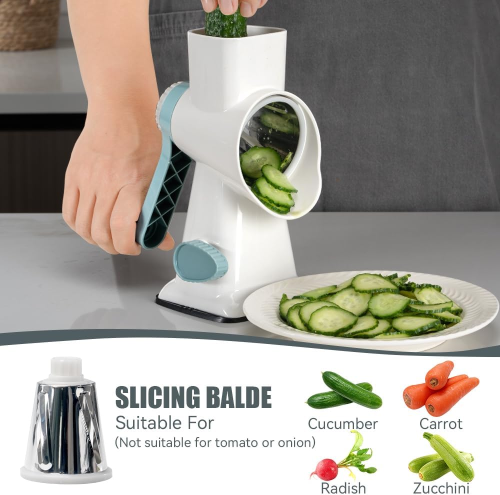 KEOUKE Rotary Cheese Grater with Handle, Vegetable Cheese Shredder Slicer for Kitchen, 3 Changeable Blades