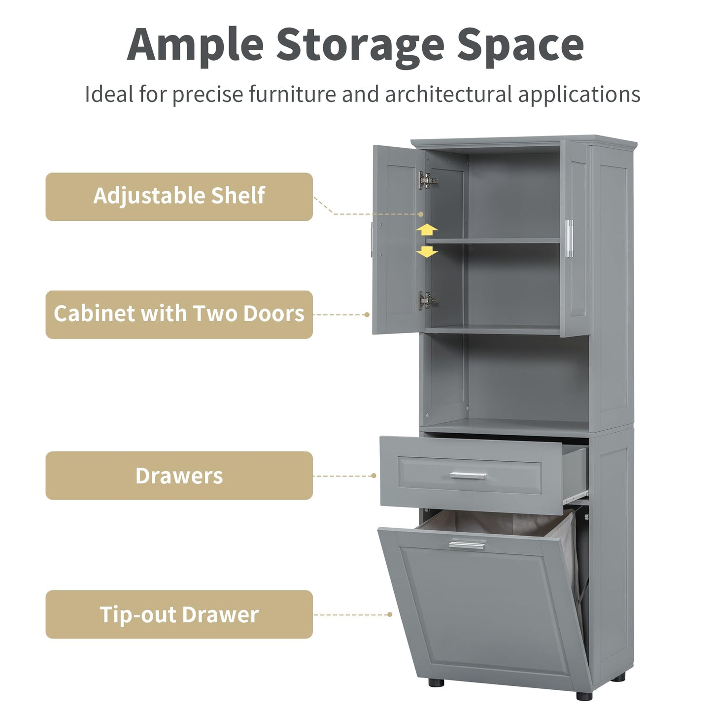 Storage Cabinet with Doors and Drawer, Multi-Functional Bathroom Storage Organizer with Laundry Hamper Basket and Open Shelf, Soft-Closing Door, Gray