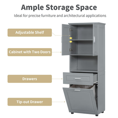 Virubi Tall Laundry Cabinet with Tilt Out Laundry Hamper and Drawer, Modern Wood Bathroom Storage Cabinet with Doors and Adjustable Shelves, Freestanding, Grey