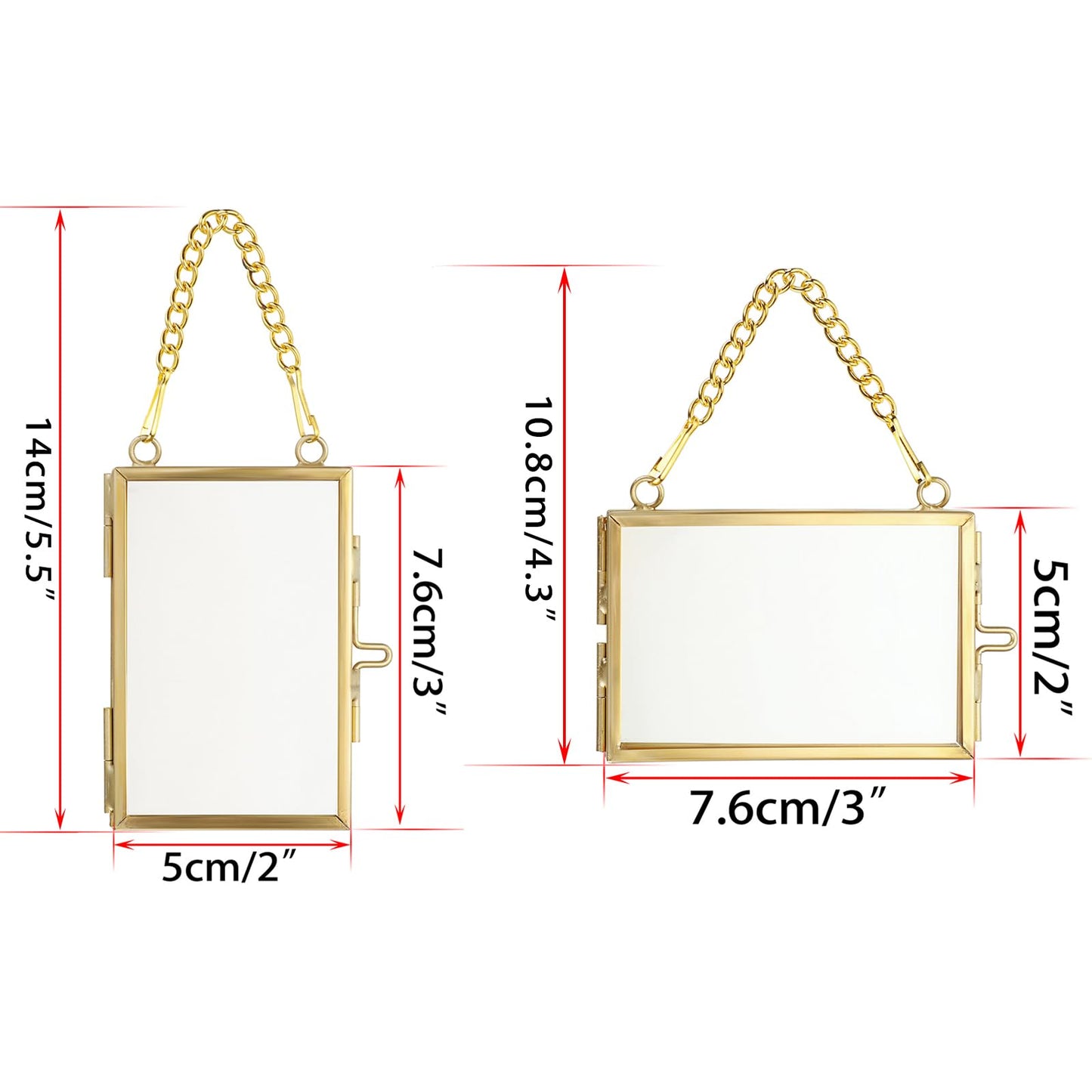 JUXYES 8 Pack Mini Brass Floating Frames Ornaments With Hanging Chain - Double Glass Tiny Picture Display Frame - Gold Wallet Size Floater Style Gallery Wall Frame for Pressed Flowers, 2x3 Inches