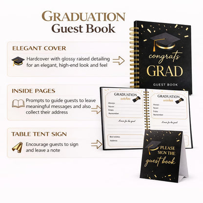 Paper 'n Such Black and Gold Graduation Guest Book, Hardcover Spiral Book with Confetti Design - Grad Party Supplies Favors