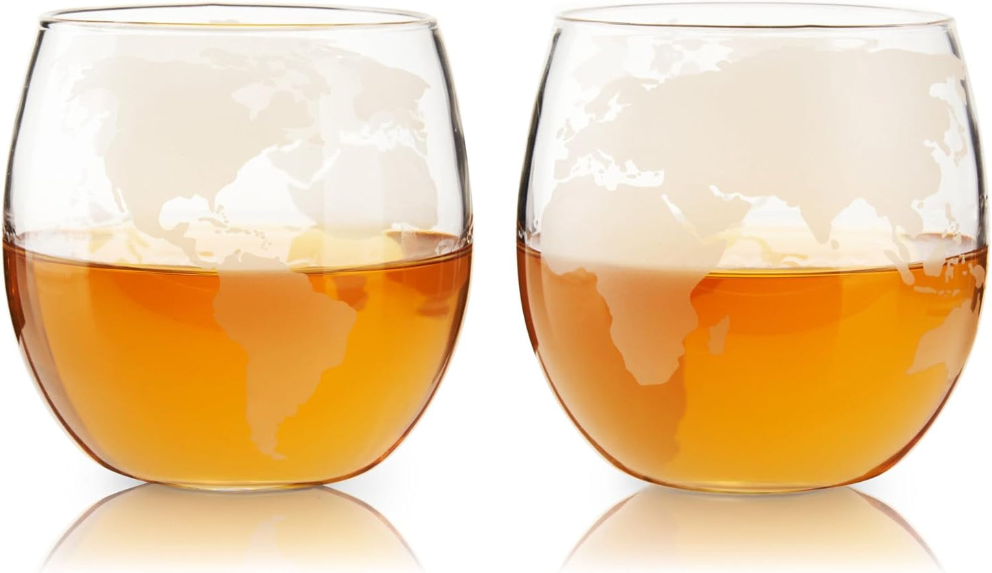 Set of 2 Viski Globe Glass Whiskey Tumblers, 10 oz, Etched Glass Whiskey Enthusiast Gift and Glassware Accessory
