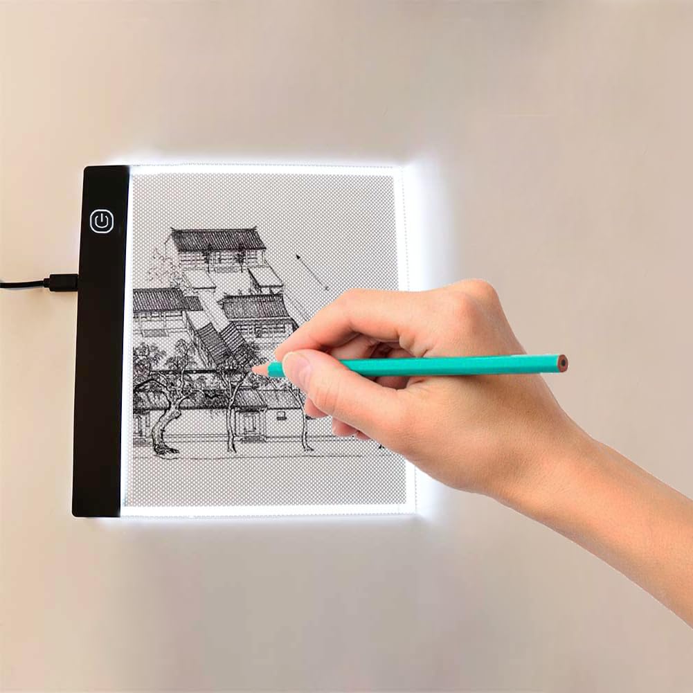 A5 LED Light Box, Tracing Board Drawing Pad Thin Art Stencil Tracer Tablet Copy Table Adjustable Brightness for DIY Diamond Painting Weeding Artists Sketching Animation Embossing Sewing Projects