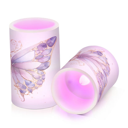 ALAZA Purple Butterflies Flickering Flameless Candles Battery Operated with Remote Timer,Tea Light Candles LED Pillar Votive Candles Set of 2 for Outdoor Indoor Decorations