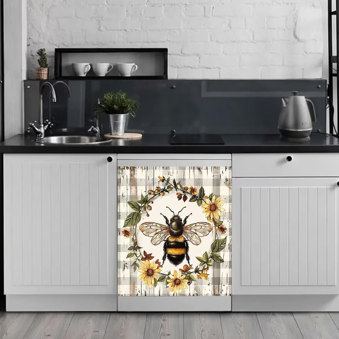 Bee Flower Wreath Dishwasher Magnet Decoration, 23Wx26H Wood Grain Texture Refrigerator Sticker for Farmhouse Kitchen