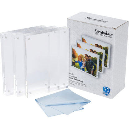 SimbaLux Magnetic Acrylic Picture Photo Frame 5x7 inches (3 Pack), Clear Glass Like, Double Sided Frameless Desktop Floating Display, Free Standing, Easy to Change