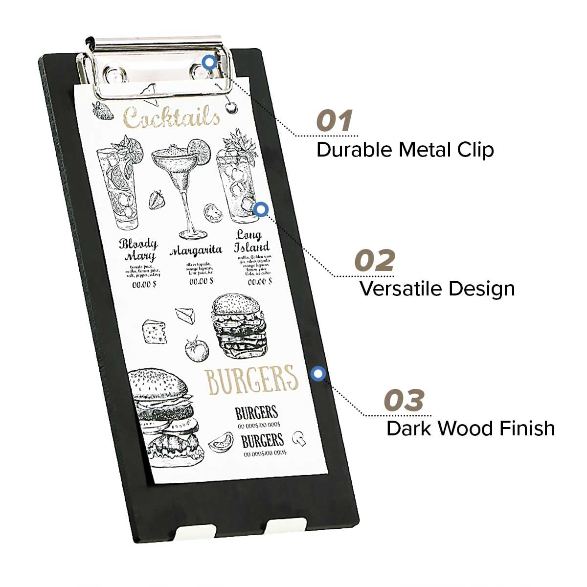 LZMS 4 Pcs 4" x 8" Dark Wood Color Clipboards - Menu Holder - Check Presenter with Low Profile Clip - for Pocket Sized Notepads