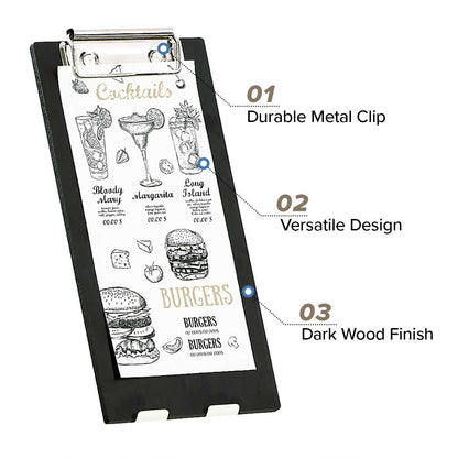 LZMS 4 Pcs 4" x 8" Dark Wood Color Clipboards - Menu Holder - Check Presenter with Low Profile Clip - for Pocket Sized Notepads
