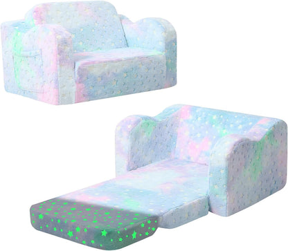 2-in-1 MeMoreCool Glowing Pastel Rainbow Kids Chair, Foldable Kids Couch and Kids Sofa for Playroom Nursery, Soft Foam