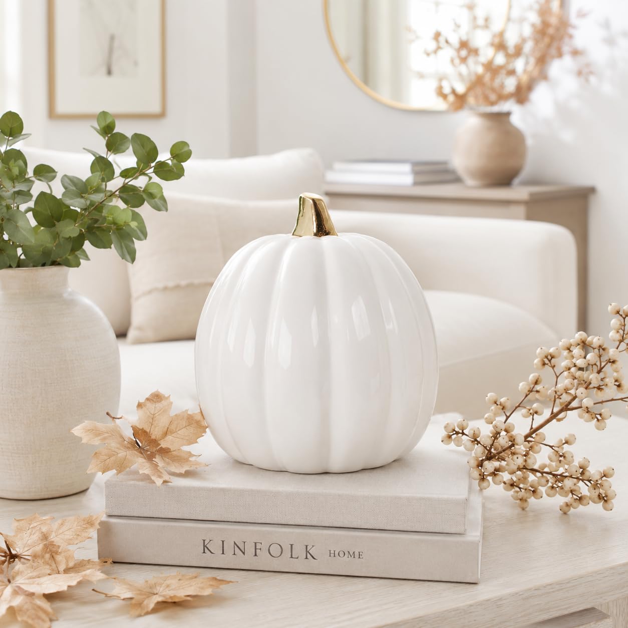 Pearhead Ceramic Pumpkin Fall Decor with Gold Stem, White