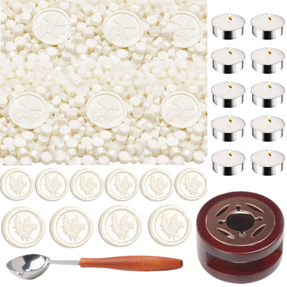 Wax Sealing Beads, ONWINPOR 300pcs Pearl White Wax Seal Beads, 1pcs Wooden Wax Seal Warmer, 1pcs Melted Spoon and 10pcs Tea Candles for Wax Sealing Stamp Kit (Pearl White)