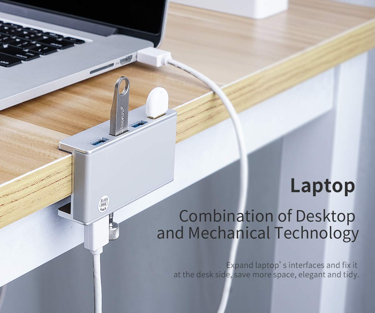 ORICO USB 3.0 Hub, USB Hub Clamp, Aluminum 4-Port USB Splitter with Extra Power Supply Port and 4.92 FT USB Data Cable, Desktop Powered USB Hub for Monitors/Desks-Black (Without Power Adapter)