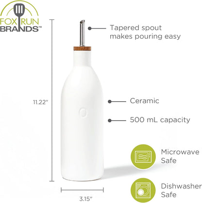 17 oz/500 ML Fox Run White Ceramic Oil Bottle, Olive Oil Dispenser With Pouring Spout and Cap