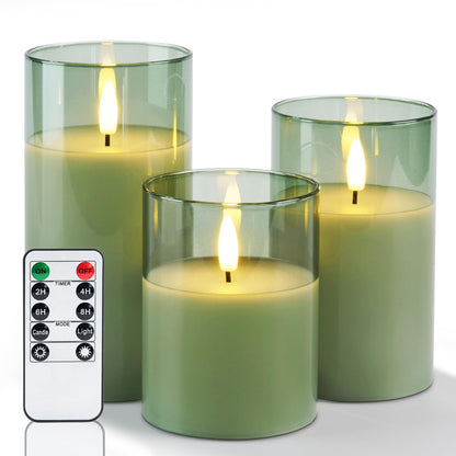 Amagic Green Glass Flameless Candles with Remote and Timer for St. Patrick's Day, Real Wax Battery Operated Candles, Flickering Electric LED Pillar Candles, Home Party Decor, Set of 3