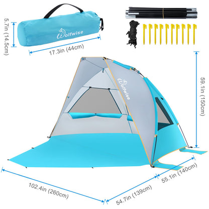 WolfWise Beach Tent Anti-UV Portable Sun Shade Shelter Blue