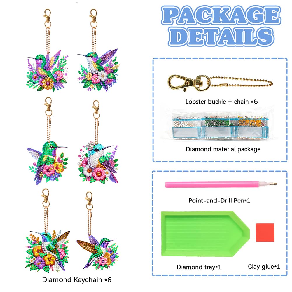 C'eitura 6Pcs Hummingbird Diamond Art Keychain Kits, DIY 5D Diamond Painting Ornaments for Kids & Adults, Handmade Creative Gift for Friends, Family