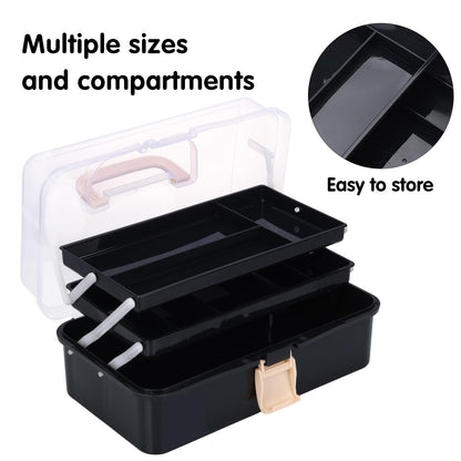 Craft Organizers, Tackle Box 3-Layer Portable Folding Toolbox, Plastic Tool Box with Handle for Sewing Supplies, Medicine, Art Supplies, Nails and Hair Accessories 12.5inch Black