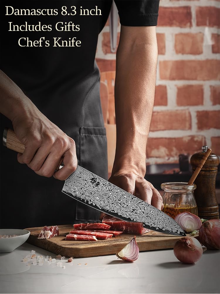 DONGSUN 8 Inch Damascus Chef Knife with North American Black Walnut Sheath, 67-Layer VG10 Forged Steel Japanese Gyuto, Professional Durable Sharpness
