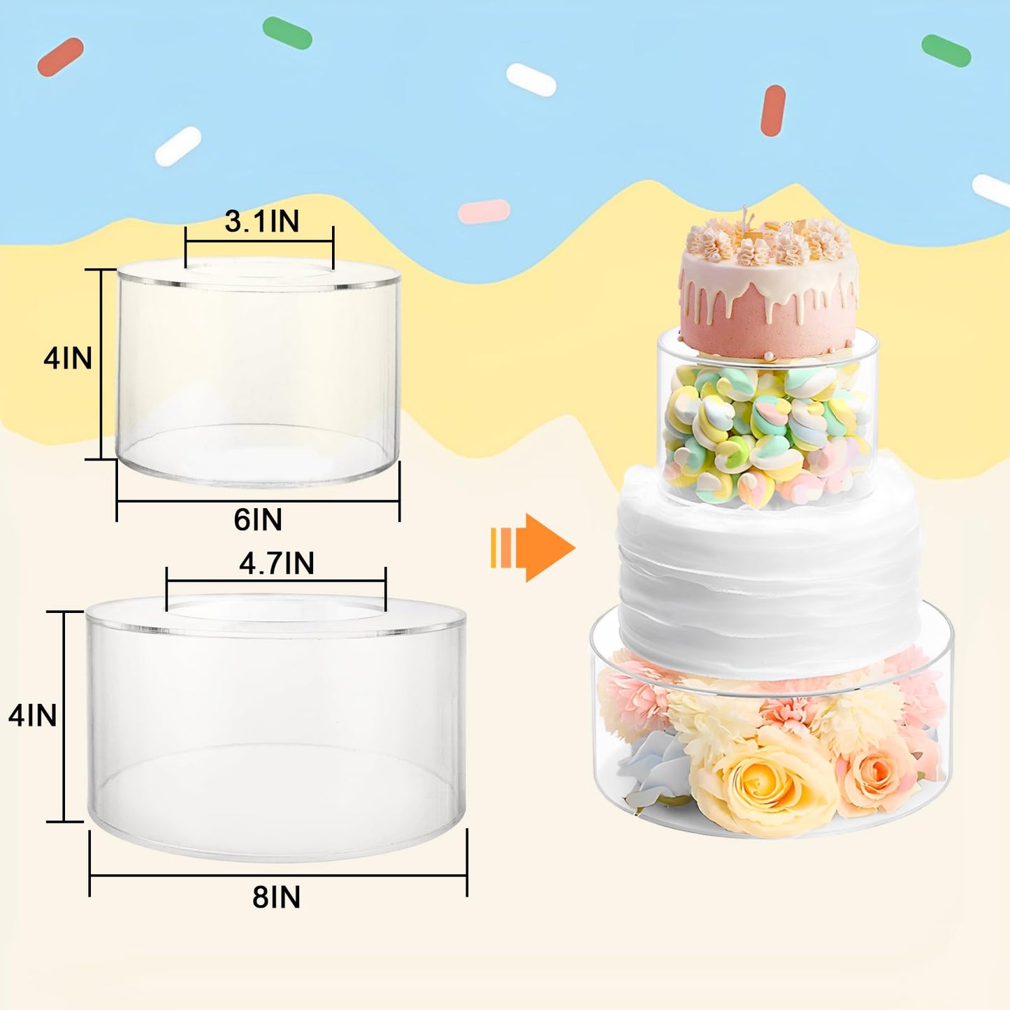 LDXDRU 2 Pcs Acrylic Cake Stand, Clear Cake Stand, Acrylic Cake Riser, Fillable Round Cake Display Riser for Birthday Wedding Holiday Party Display (6", 8")
