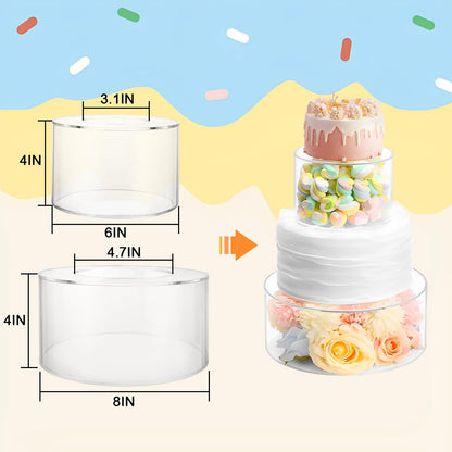 LDXDRU 2 Pcs Acrylic Cake Stand, Clear Cake Stand, Acrylic Cake Riser, Fillable Round Cake Display Riser for Birthday Wedding Holiday Party Display (6", 8")