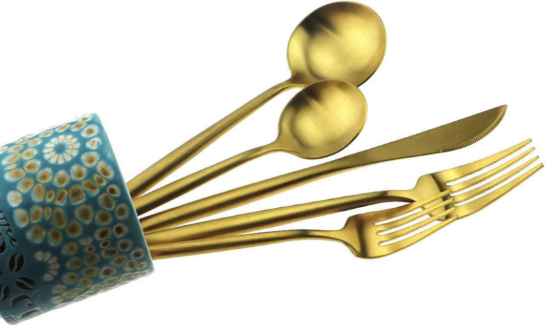 Gugrida Matte Gold 5-Piece Silverware Set, 18/10 Stainless Steel Satin Finish Kitchen Utensil Set, Dishwasher Safe