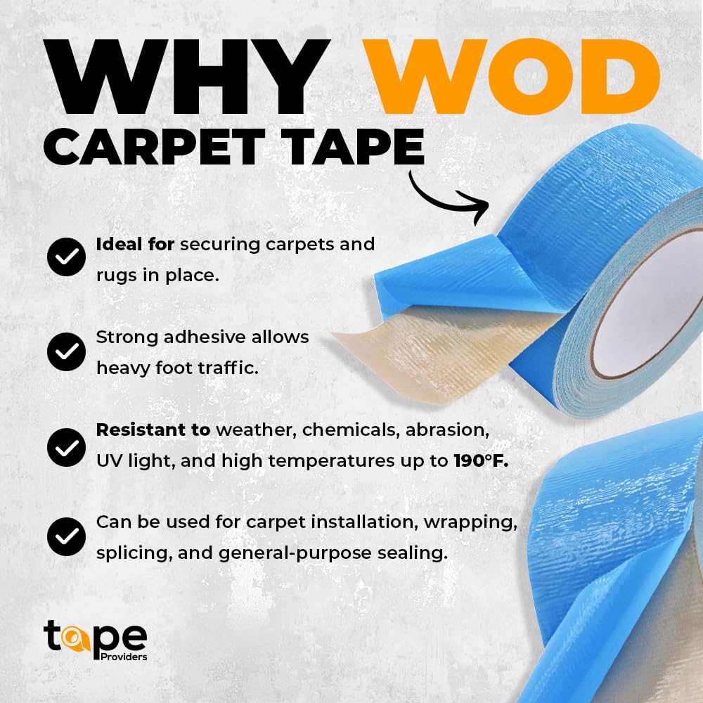 WOD Double Sided Carpet Tape, 2 inch x 25 ft. Heavy-Duty Tack, Residue Free, for Convention & Trade Shows Indoor/Outdoor Rugs DCCT110W
