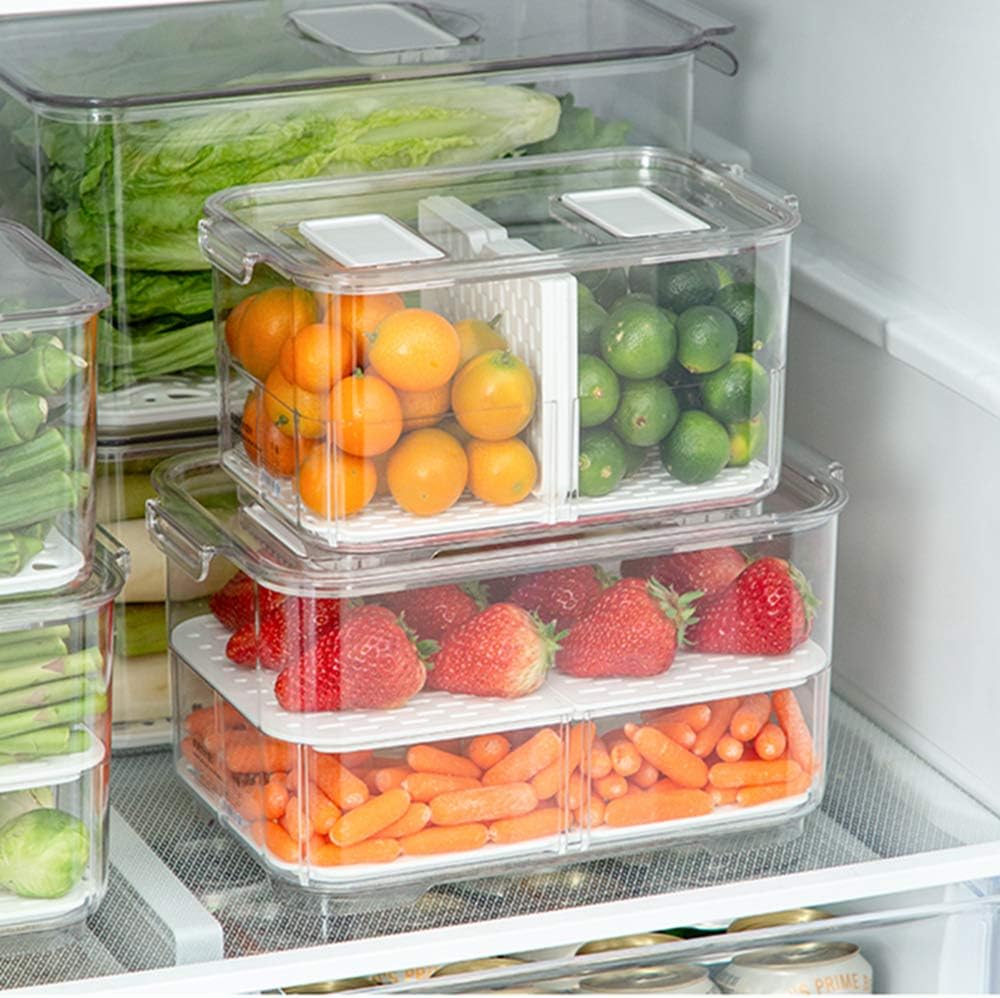 SANNO Refrigerator Food Storage Containers - Stackable Bin Organizer with Vented Lids and Removable Drain Tray