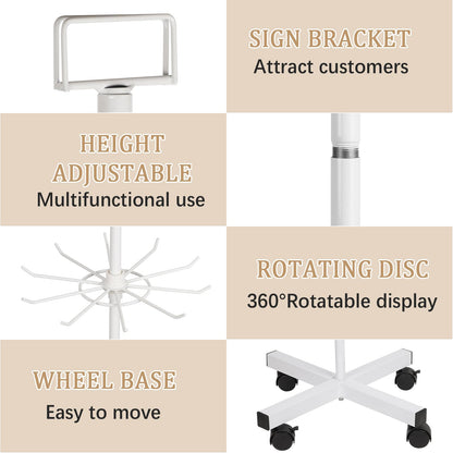 Exttlliy 5-Tier Metal Spinning Display Stand Rack with Wheels, Keychain Jewelry Stocking Hat Display Stand, White