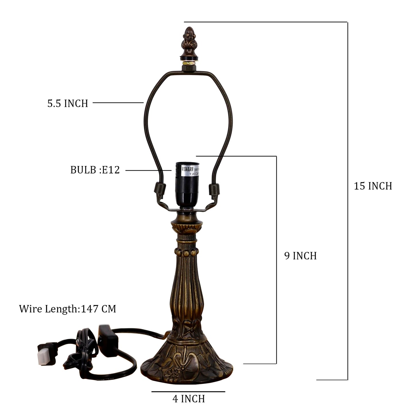 TCODTPOL Table Lamp Base Replacement Only, Wide 4 Height 15 Inch, Fit for 6, 8, 10 Inch Tiffany Style Stained Glass Lampshade, Dark Bronze Finish,Resin, Push Switch On Cord(B (W4H15 Inch))