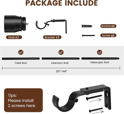 Matte Black Adjustable Curtain Rod by [Brand Name] - Heavy Duty 30 to 144 Inch Length for Windows