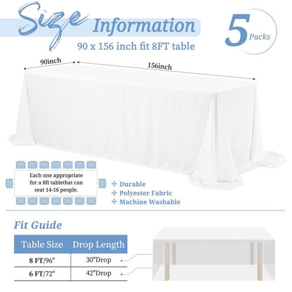 Showgeous 5 Pack White Tablecloths for 8 Foot Rectangle Tables 90 x 156 Inch Rectangular Tablecloth, Bulk Polyester Fabric Table Clothes Washable Long Table Covers for Wedding Party Buffet Restaurant