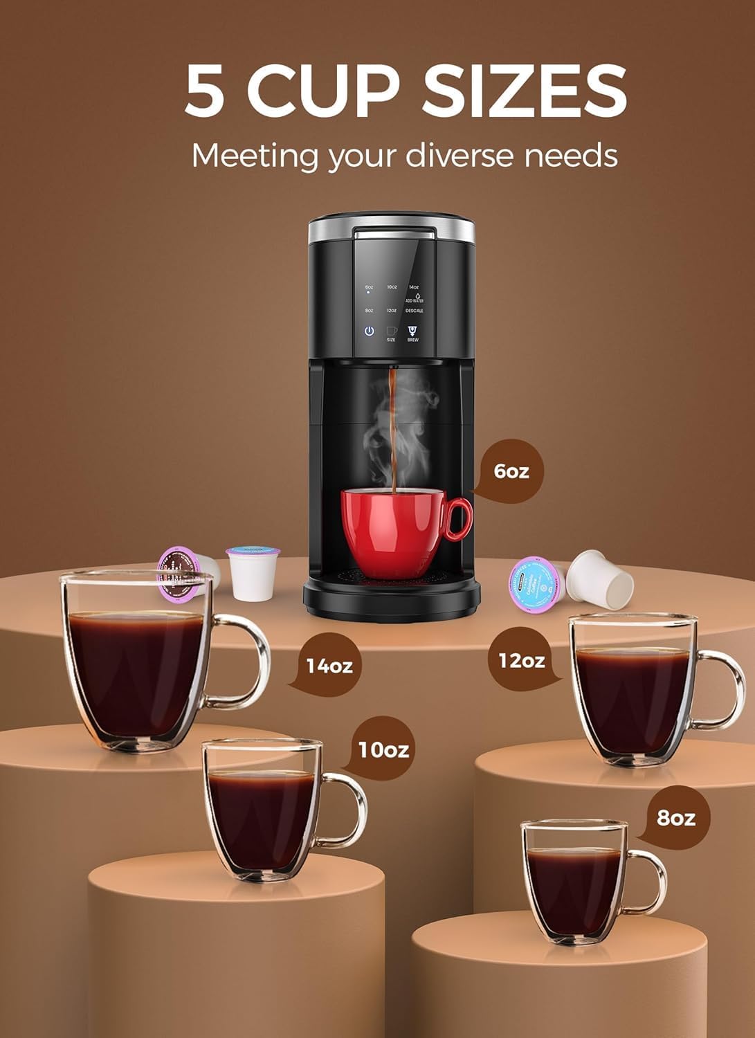 2 1 40 Oz 5 6-14 Oz, Electactic Single Serve Coffee Maker, in Kcup Pod & Ground Coffee Brewer, Removable Water Tank