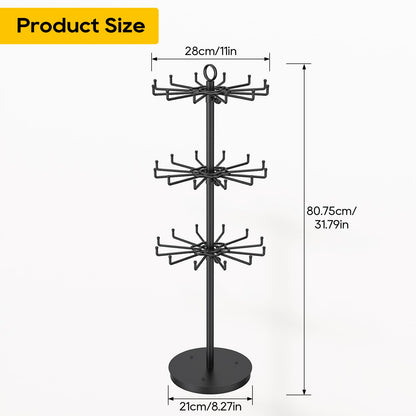ORLESS 3 Tier Rotating Jewelry Display Stand, Keychain Display Stand with 36 Hooks, Black Metal Retail Display Spinning Holder for Vendor, Spinning Display Rack for Necklace Bracelet Earring Organizer