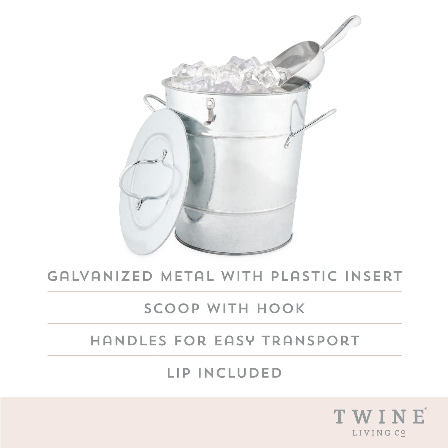 Twine Insulated Ice Bucket with Lid, Scoop & Handles for Beer, Wine, Champagne, Beverages, 1 Gal Galvanized Metal Bucket, Steel Ice Container for BBQs, Indoor & Outdoor Party Supplies, Bar Accessories