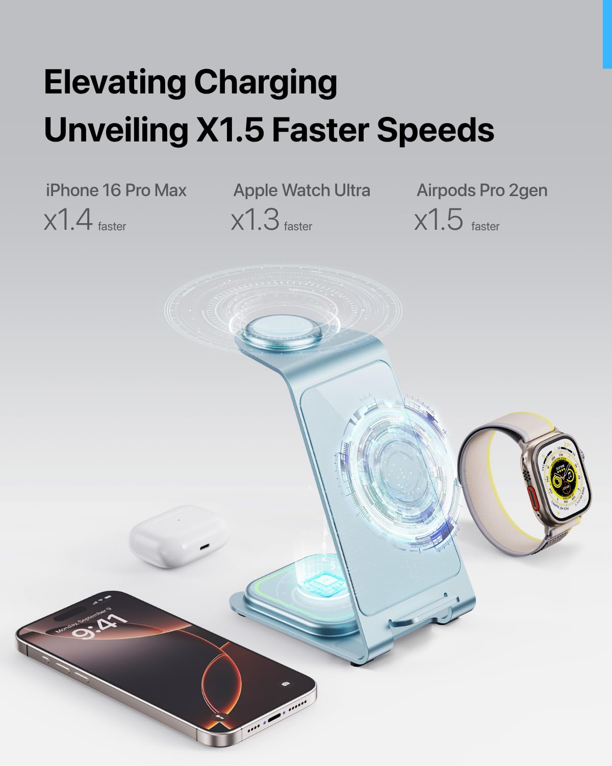 Intoval 3 in 1 Wireless Charging Station for iPhone 17 16 15 14 13 12 11 X Pro Max, Wireless Charger for Apple Watch Ultra 3 SE 9 8 7 6 5 4 3 2, for AirPods 4 Pro Pro 2 3 (Y93, Grey)