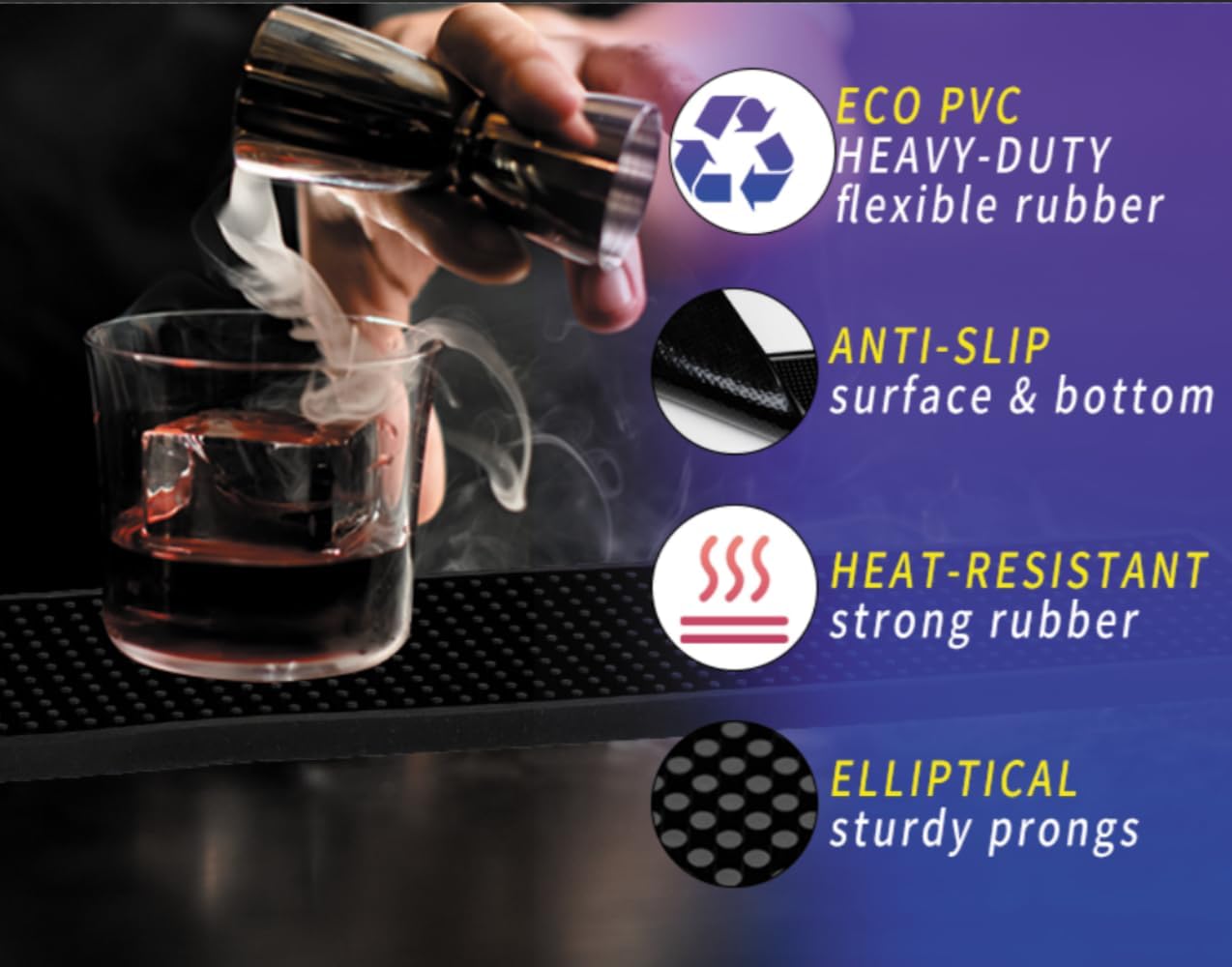 Bar Mat 12" x 6", Rubber Spill Mat for Cocktail Bartender Set of 2, Coffee Bar or Countertop Glass Drying Mat (Black)