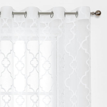White Sheer Curtains 84 Inches Long, Lattice Geometric Embroidered Semi Sheer Curtain Panels, 52"w x 2pcs, Grommet Top