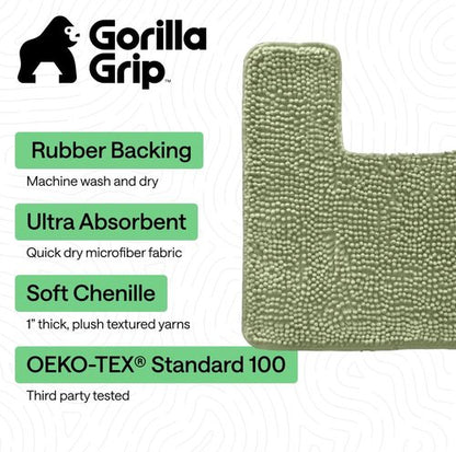 GORILLA GRIP Plush Chenille Bath Rug Mat - Soft Microfiber, Machine Washable, Sage Color, Fits Square Toilet Base