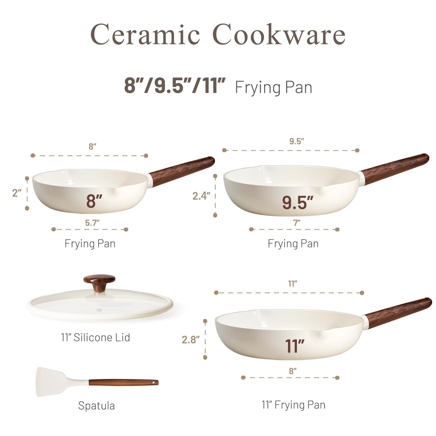 CAROTE Nonstick Frying Pans Skillets, Ceramic Coating Non-Stick Frying Pans Set, 5 PCS, Non-toxic Healthy & PFOA Free, Induction Compatible, 8+9.5+11 Inch with Colander Lid and Spatula, Cream White