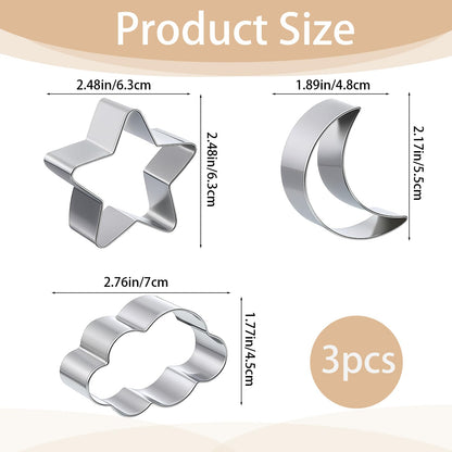 3 Pieces Star, Moon and Cloud Cookie Cutters, Stainless Steel Cute Cookie Cutters for Birthday Cake Cupcake Party Decorations