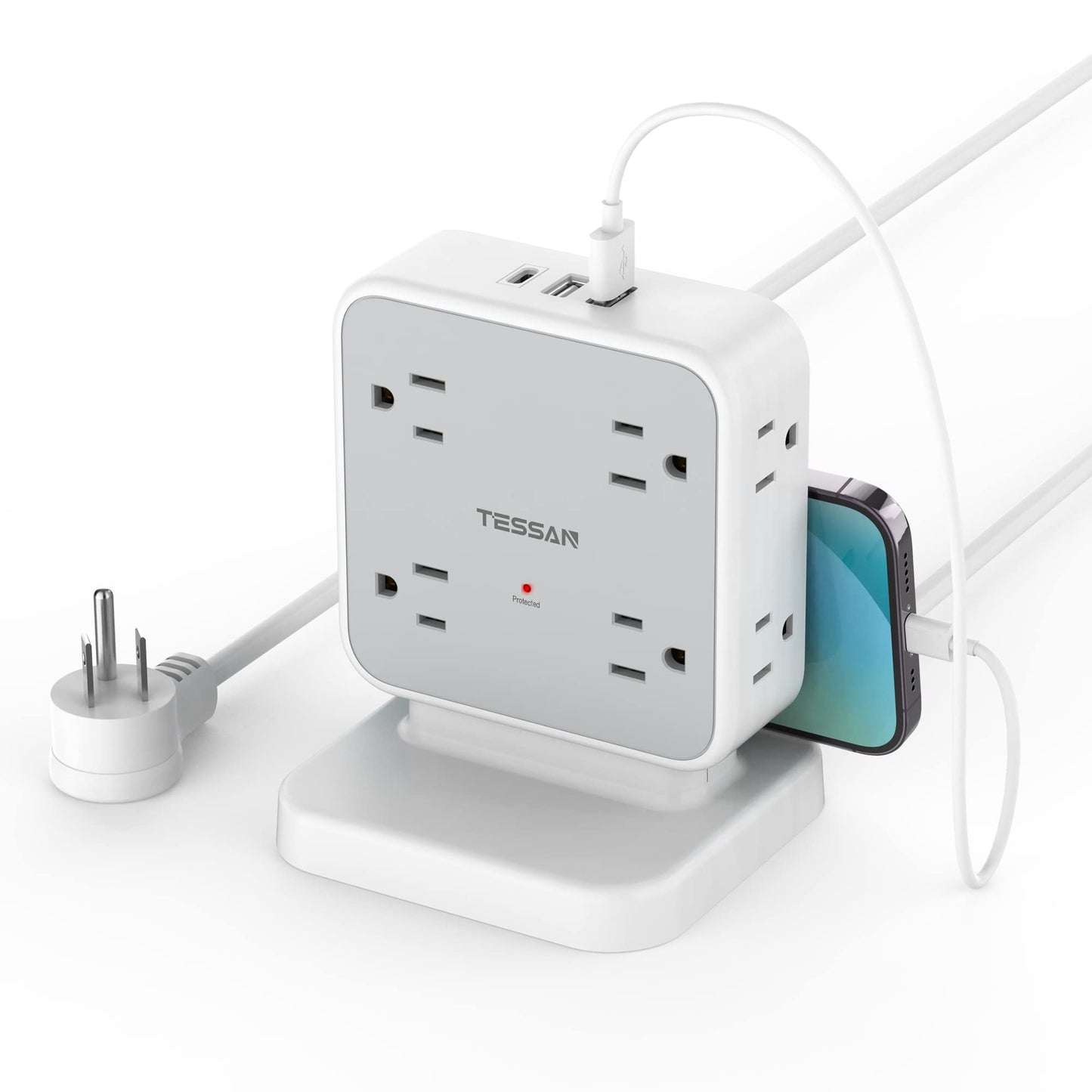 TESSAN Surge Protector Power Strip, 5 Ft Flat Plug Extension Cord with 3 USB (1 USB C) 8 Outlets, 900J Surge Protection, 3 Sided Outlet Extender with Power Switch for Office, Dorm Room Essentials
