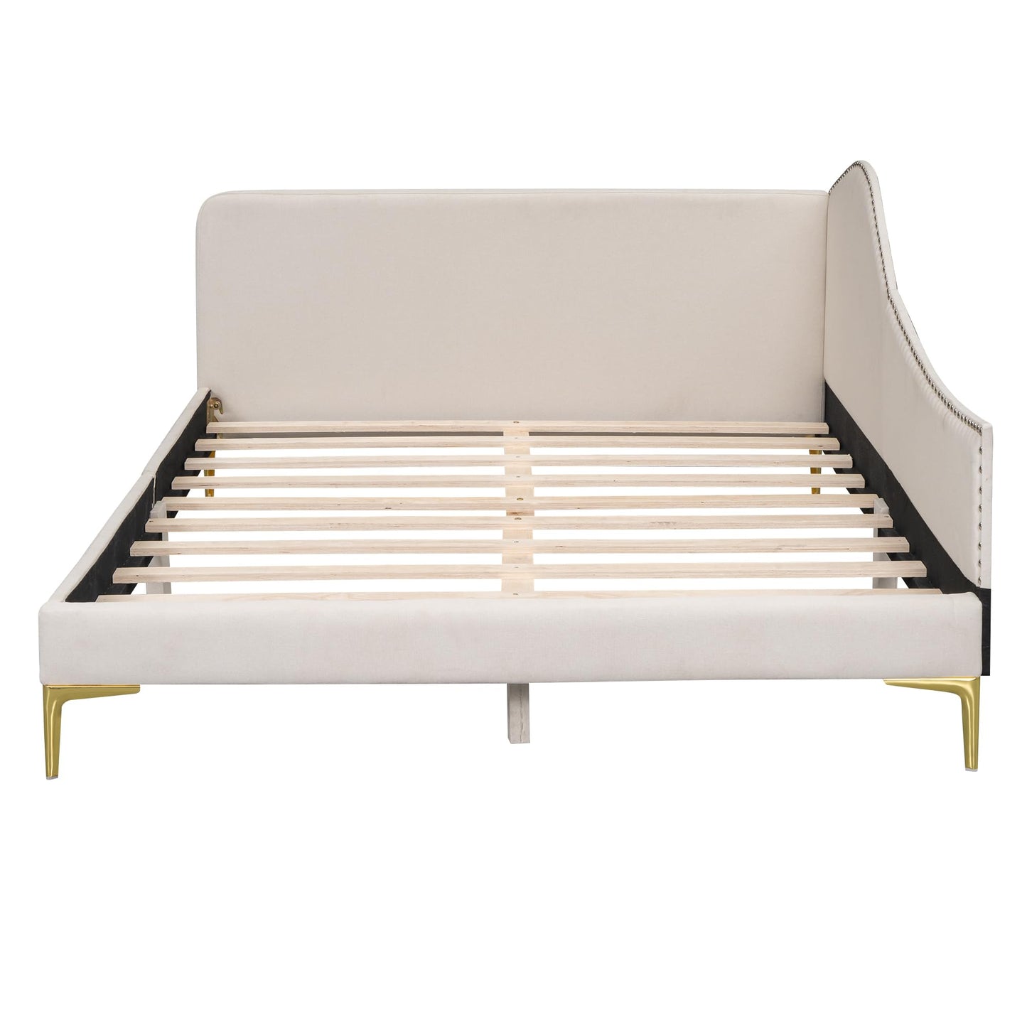 Ball & Cast Full Size Daybed with Golden Metal Legs,Linen Upholstered Daybed Frame with Nailhead Trim and Wood Slat Support,No Box Spring Needed,Beige