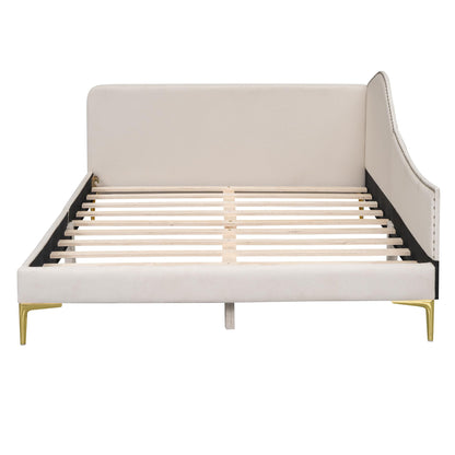 Full Size Upholstered Daybed with Headboard and Armrest, Linen-Finish Bed with Support Legs, Modern Sofa Bed for Guest Rooms, Studio Apartments, or Living Spaces, Sturdy Pine Wood Frame, Beige