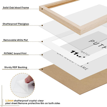 puthiac 11x14 Solid Oak Wood Picture Frame, Fits 8x10 with Mat or 11x14 Without Mat, Wall Display Only, Vertical or Horizontal, Plexi Front, 1 Pack, Natural Oak